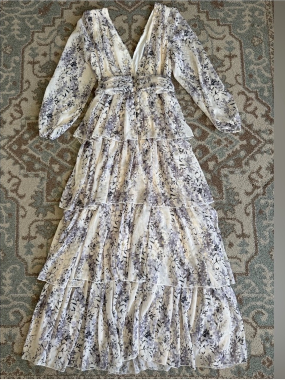 Anne Louise Boutique Layered Maxi Dress Floral on Cream White Ruched Waist 8 - Picture 4 of 10